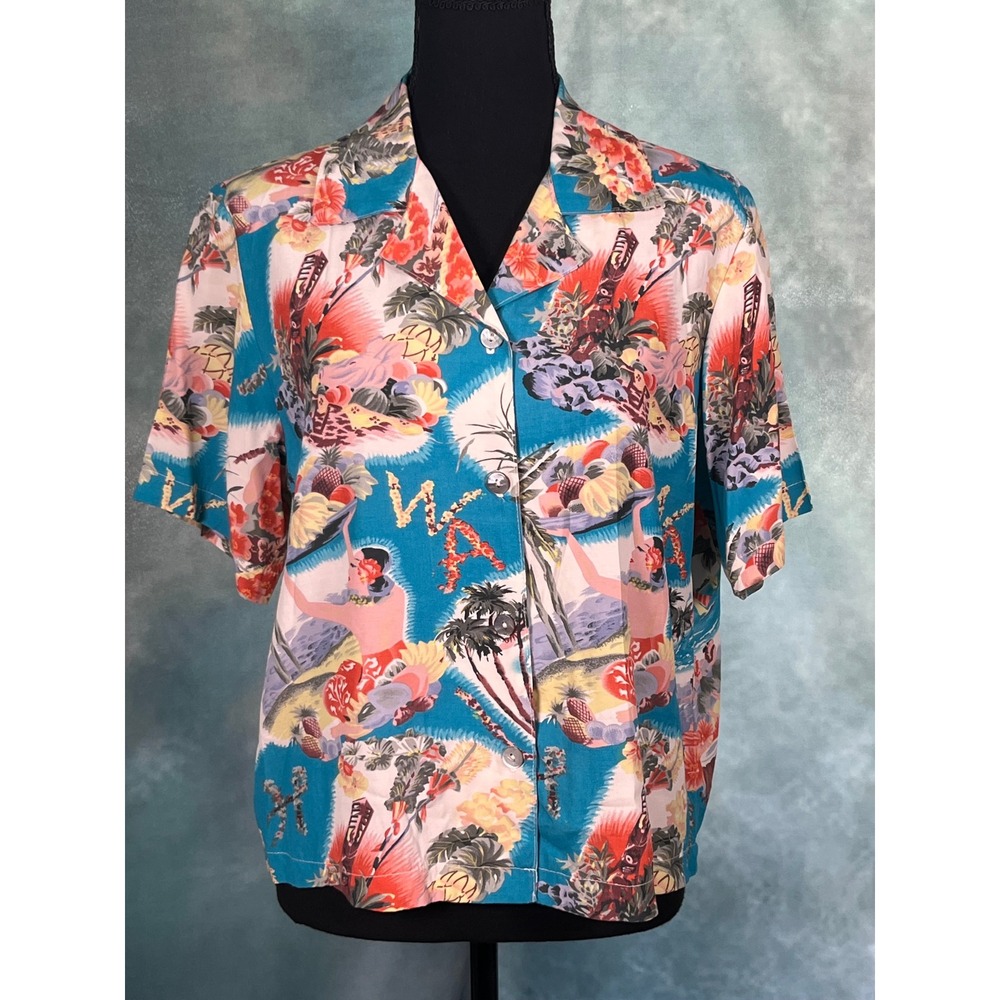 Vintage A. Gold E Event Rayon Hawaiian Shirt Women M Made USA Aloha Top